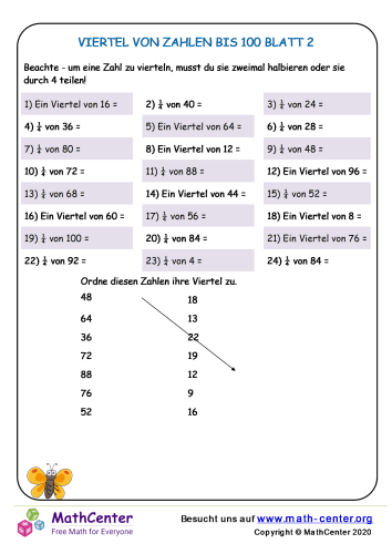 Viertel Von Zahlen Bis 100 Blatt 2