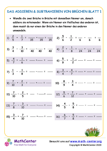 Addieren Und Subtrahieren Von Brüchen übungen Das Addieren Bzw. Subtrahieren Von Brüchen Blatt 1A | Arbeitsblätter