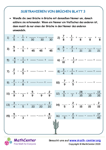 Subtrahieren Von Brüchen Blatt 3A