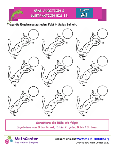 Spaß Salamander Addition & Subtraktion Bis 12 Blatt 1