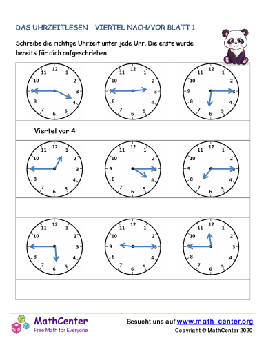 Das Uhrzeitlesen - Viertel Nach/Vor Blatt 1