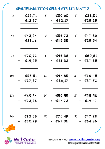 Spaltenaddition Euro Geld 4 Stellig Blatt 2