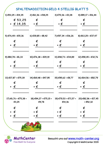 Spaltenaddition Euro Geld 4 Stellig Blatt 5