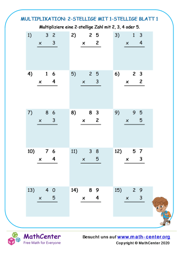 Multiplikation: 2-Stellige Mit 1-Stellige Blatt 1