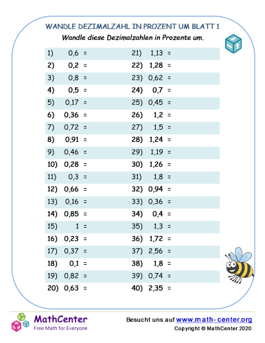 Wie Wandle Ich Dezimalzahlen In Brüche Um Wandle Dezimalzahl In Prozent Um Blatt 1 | Arbeitsblätter | Math Center