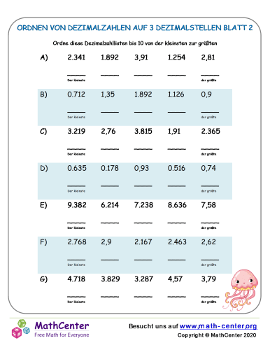 Dezimalzahlen In Brüche Umwandeln übungen Ordnen Von Dezimalzahlen Auf 3 Dezimalstellen Blatt 2 | Arbeitsblätter