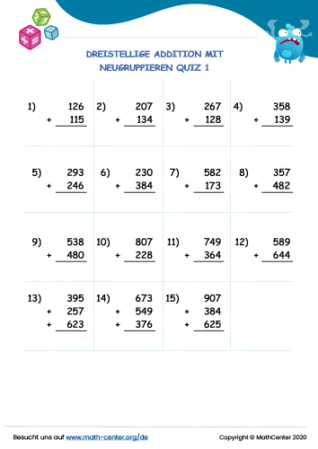 Dreistellige Addition Mit Neugruppieren Quiz 1