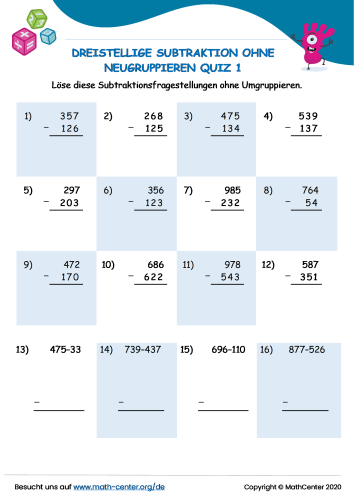 Dreistellige Subtraktion Ohne Neugruppieren Quiz {1