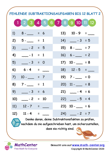 12 Fehlende Subtraktionsfakten Zu 12 Blatt 2