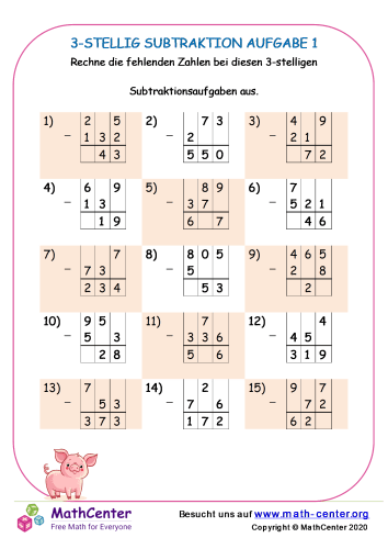 3-Stellig Subtraktion Aufgabe 1