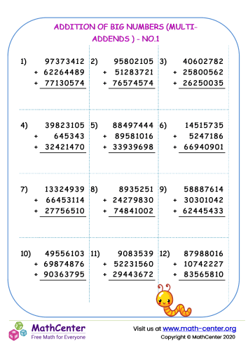 Addition of big numbers (multi-addends ) - no.1 | Worksheets | Math Center
