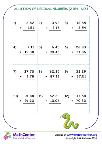 Fourth Grade Worksheets: Adding Decimals | Math Center
