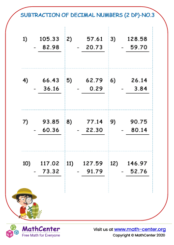 Fifth Grade Worksheets: Subtracting Decimals | Math Center