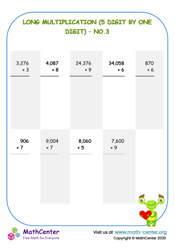 Long multiplication No.3 (5 digit by 1 digit)