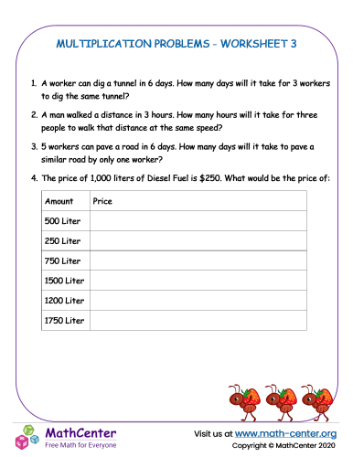 Multiplication Problems Worksheet 3 | Worksheets | Math Center