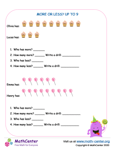 More Or Less Up To 9 | Worksheets | Math Center