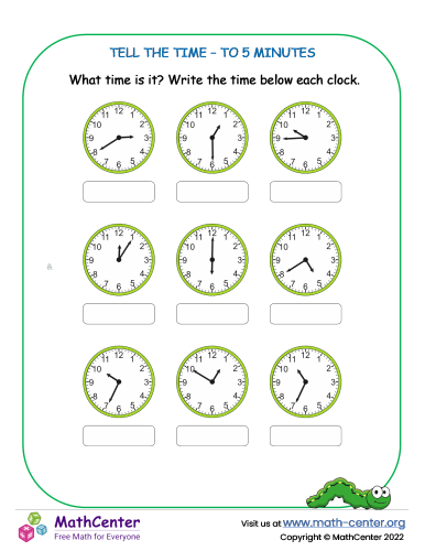 Telling Time to 5 minutes Worksheets