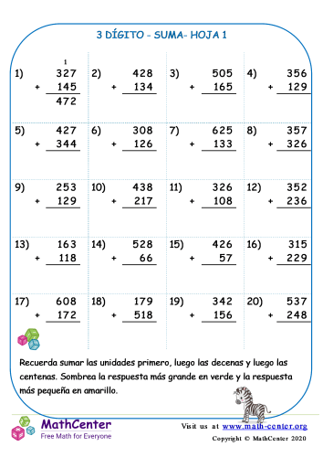3 Suma de dígitos (reagrupación)- Hoja 1