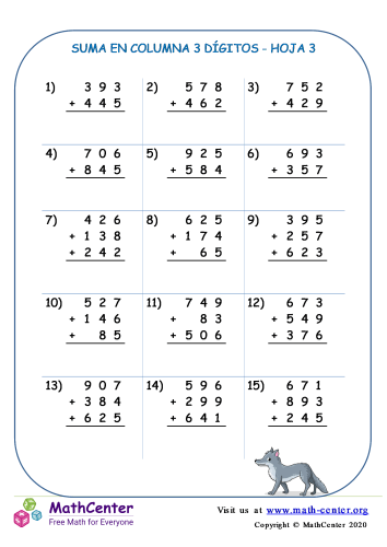 Suma de columna 3 dígitos (pidiendo prestado) - Hoja 3