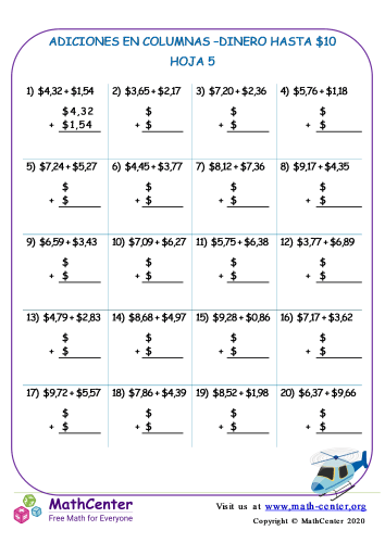 Suma en columnas de dinero estadounidense hasta $ 10 - Hoja 5
