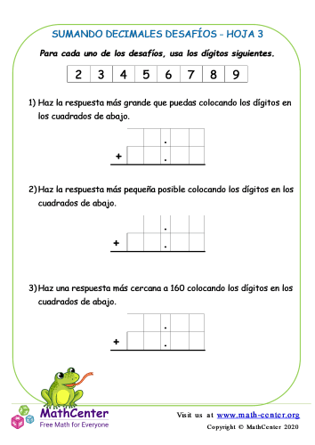 Sumando Decimales Desafíos Hoja 3