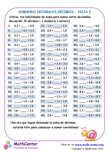 Sumando Decimales Décimos Hoja 3