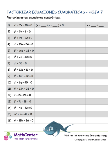 Factorizar Ecuaciones Cuadráticas - Hoja 7