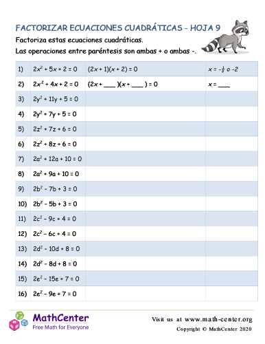 Factorizar Ecuaciones Cuadráticas - Hoja 9