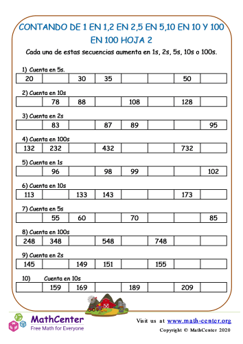 Contando De 1 En 1,2 En 2,5 En 5,10 En 10 Y 100 En 100 Hoja 2
