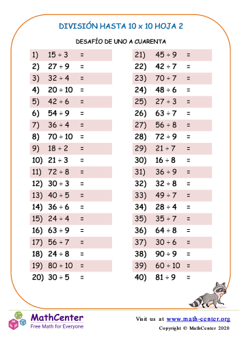 División Hasta 10 X 10 Hoja 2