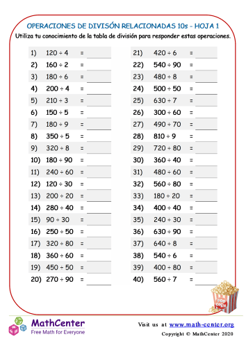 Divisiones: Operaciones relacionadas con 10 - Hoja 1