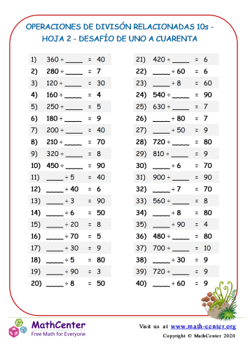 Divisiones: Operaciones relacionadas con 10 - Hoja 2