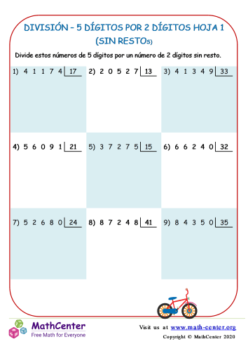 División – 5 Dígitos Por 2 Dígitos Hoja 1 (Sin Restos)