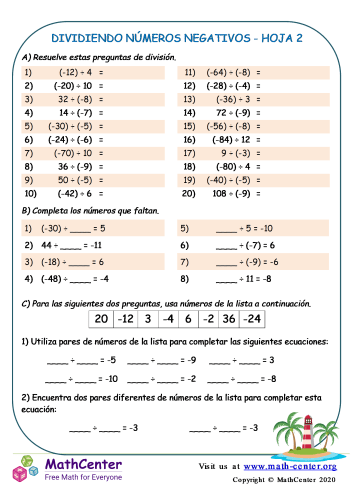 Dividiendo Números Negativos Hoja 2