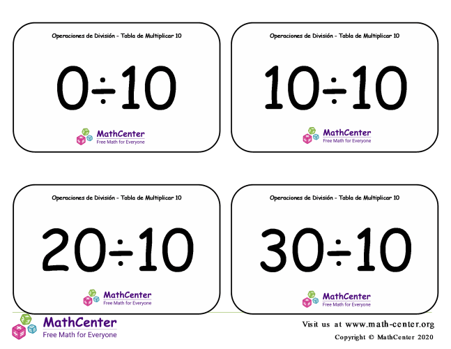 10 Tarjetas didácticas: División - tablas de multiplicar con Respuestas