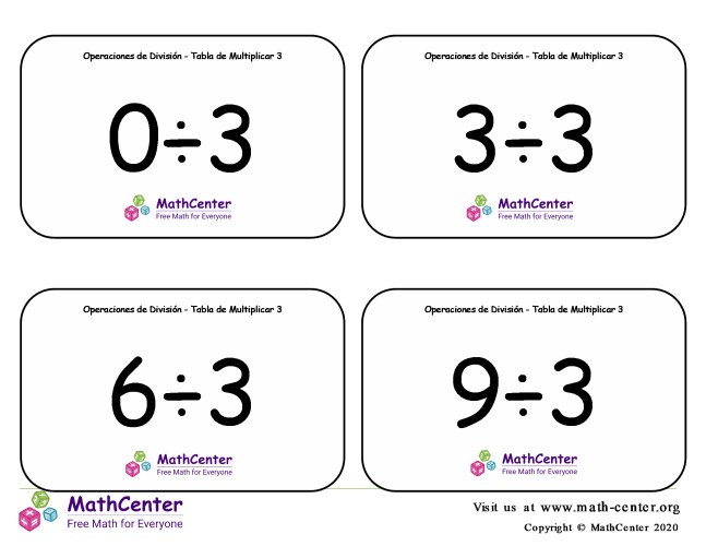 3 Tarjetas didácticas: División - tablas de multiplicar con Respuestas