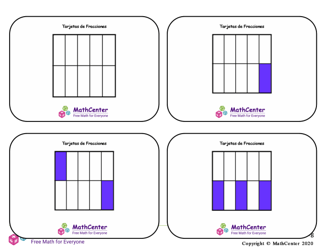 Tarjetas didácticas de fracciones - Décimos (cuadrados)