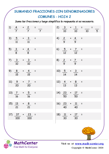 Sumando Fracciones Con Denominadores Comunes Hoja 2