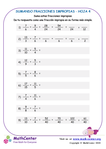 Sumando Fracciones Impropias Hoja 4