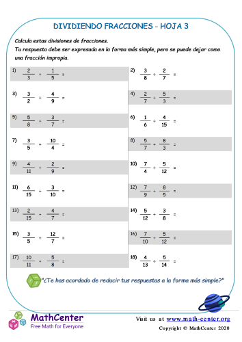 Dividiendo Fracciones Hoja 3