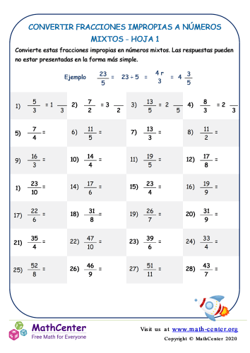 Convertir fracciones impropias en números mixtos - Hoja 1