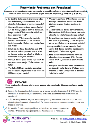 Resolución de problemas con fracciones - Hoja 1