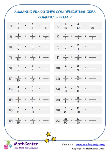 Sumar fracciones (denominadores comunes) - Hoja 2