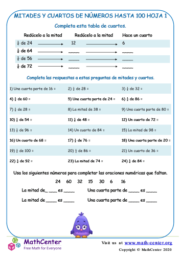 Mitades Y Cuartos De Números Hasta 100 Hoja 1