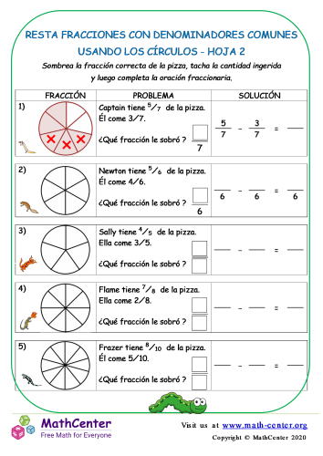 Restar fracciones con comunes denominadores (Círculos) - Hoja 2