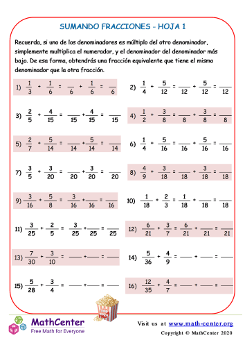 Suma de fracciones- Hoja 1 A