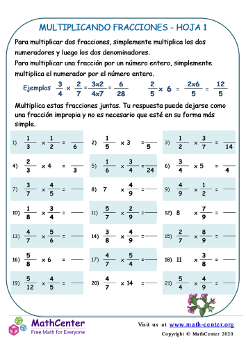 Multiplicar fracciones- Hoja 1 A