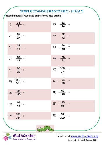 Simplificando Fracciones Hoja 5