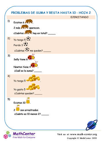 Problemas De Suma Y Resta Hasta 10 Hoja 2