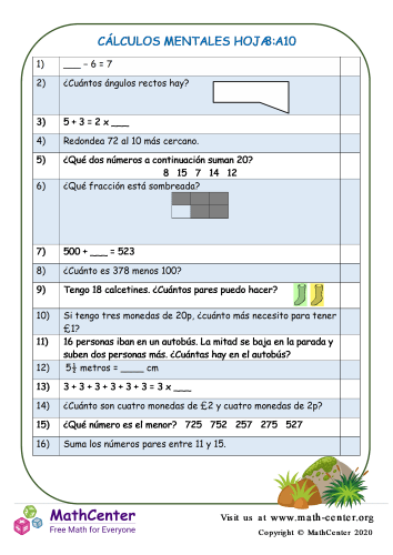 Cálculos Mentales Hoja 3:A10